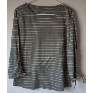 Talbots Women's Green/White Stripe Texture Ruched Tie Detail 3/4 Sleeve Size PM‎